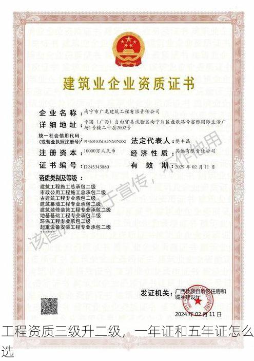 工程资质三级升二级,一年证和五年证怎么选
