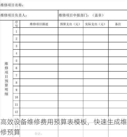 高效设备维修费用预算表模板,快速生成维修预算